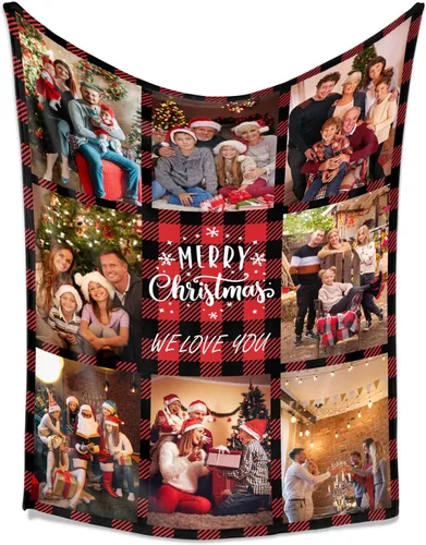 Vista 3 de Mantas personalizadas de Feliz Navidad, regalos personalizados con tus propias fotos, manta de fotos personalizada para mamá, papá, abuela, abuelo