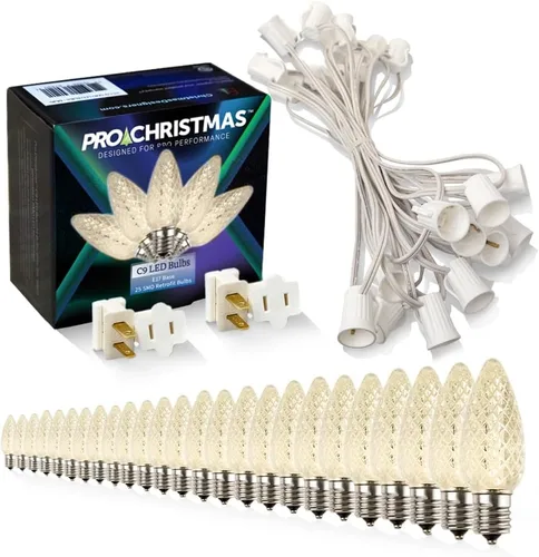 Vista 32 de Pro Christmas - Kit de luces C9 para exteriores, blanco cálido, cable verde, 50 bombillas, 50 pies