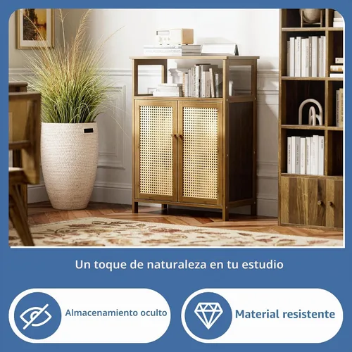 Vista 5 de HITNET Gabinete de piso de baño de ratán, armario de almacenamiento de bambú independiente con 2 puertas, aparador de sala de estar, ahorro de Nogal