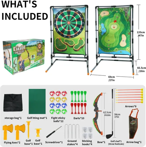 Vista 5 de Juego de astillado de golf con soporte, juego de práctica de golf multideportivo con tiro con arco, hacha, dardos, alfombrilla de golpeo de doble