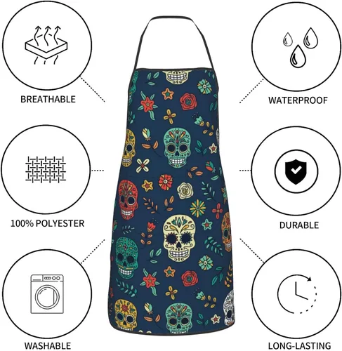 Vista 6 de Delantal de calavera de azúcar, delantales de cocina para hombres y mujeres, delantal de cocina, delantal de chef, delantales de jardín ajustables