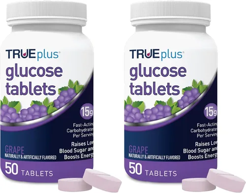 Vista 24 de TRUEplus® Tabletas de glucosa, sabor surtido (uva, frambuesa, naranja), botella de 50 unidades (1)