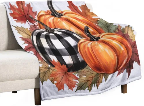 Vista 21 de Manta de lana cuadriculada con diseño de calabaza, hojas de arce, Acción de Gracias, manta de cama para otoño, Acción de Gracias, ligera, súper