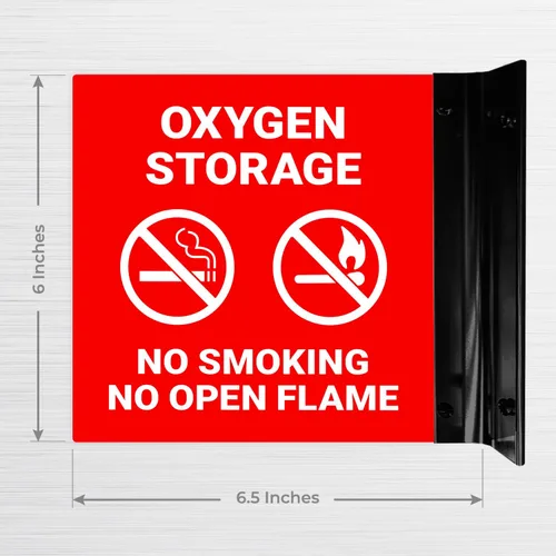 Vista 6 de Letrero de almacenamiento de oxígeno con texto en inglés "No Smoking No Open Flame Projecting", doble cara, 6x6 pulgadas, ACM, con accesorio negro