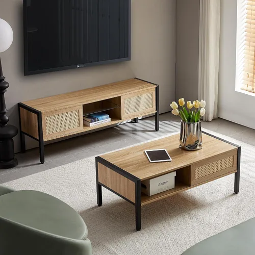 Vista 3 de Mesa de centro moderna de mediados de siglo con almacenamiento, mesa rectangular de madera de 40.16 pulgadas con panel de puerta deslizante de ratán