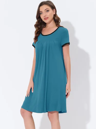 Vista 26 de cheibear Camisones de pijama para mujer, ropa de dormir, color sólido, cuello redondo