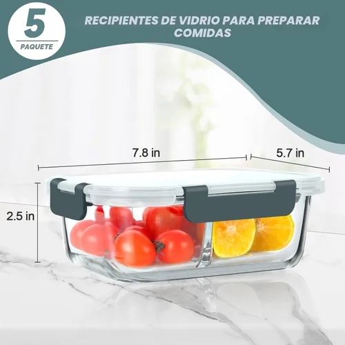 Vista 6 de Paquete de 5 recipientes de vidrio para preparación de comidas de 30 onzas, 2 compartimentos, recipientes de almacenamiento de alimentos de vidrio