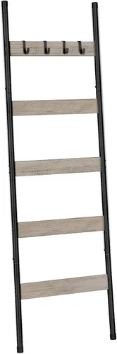 Vista 11 de HOOBRO Escalera para mantas, estante de toallas de 5 niveles con ganchos, estante de mantas inclinado en la pared, estante decorativo