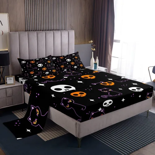 Vista 8 de Erosebridal Sábanas de Halloween para niños y niñas, juego de sábanas espeluznantes de dibujos animados, tamaño individual, juego de ropa de cama