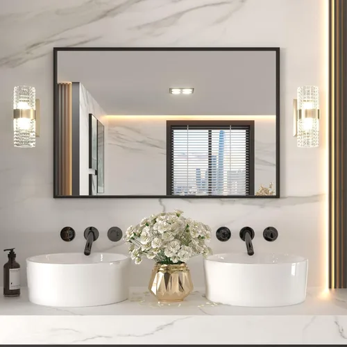 Vista 29 de LOAAO Espejo de Baño de Pared Rectangular Negro de 20"X30", Marco de Aleación de Aluminio Negro Mate, Vidrio Templado, se Cuelga Vertical u