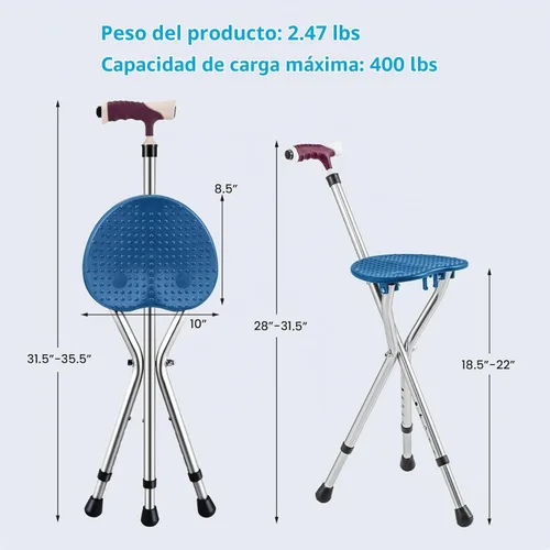 Vista 2 de Combo de asiento de caña plegable, capacidad de 400 libras, práctico taburete plegable con muleta, asiento de 3 patas, altura ajustable, resistente