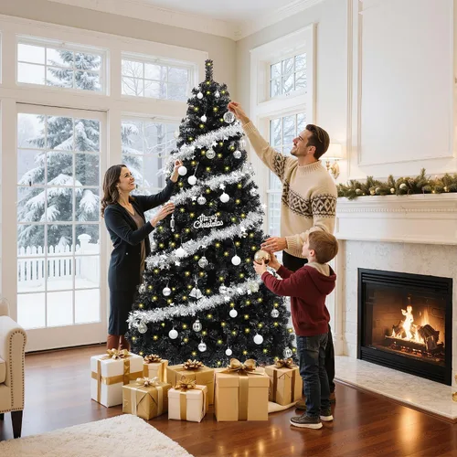 Vista 2 de GOOBED - Árbol de Navidad negro preiluminado de 6 pies con control remoto y 11 modos de luz Black Pre-Lit Spruce Hinged Artificial Halloween