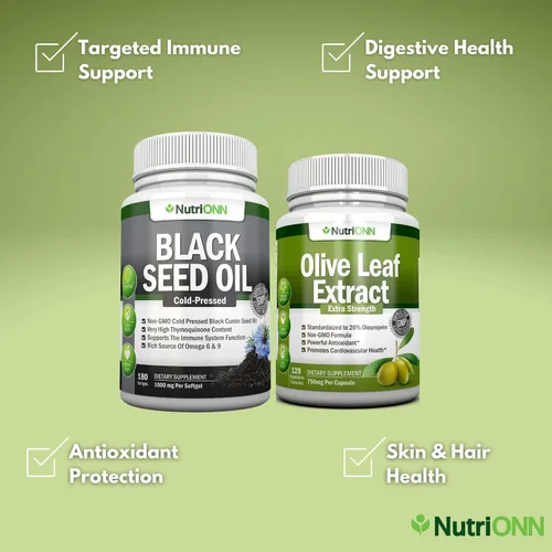 Vista 2 de NutriONN Combo de cápsulas blandas de aceite de semilla negra y extracto de hoja de olivo, apoyo inmunológico dirigido