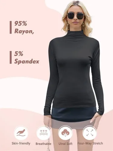 Vista 2 de EXCELLENT THERMAL Camisetas de manga larga con cuello alto falso para mujer, ajuste delgado, capa base suave, ropa interior térmica