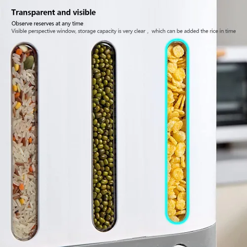 Vista 5 de Contenedor de almacenamiento de arroz y granos de 5 rejillas, dispensador de arroz y alimentos con cubo de almacenamiento de presión de un botón