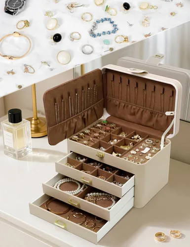Vista 5 de KAMIER Caja organizadora de joyas, organizador de joyas de 4 capas con espejo, 3 cajones, caja de joyería grande para pulseras, aretes, anillos