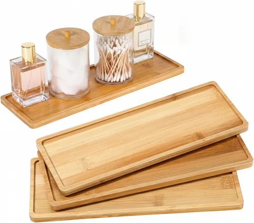 Vista 8 de Chengu 3 bandejas de bambú para baño, bandeja pequeña de madera para servir para baño, mostrador de alimentos, aperitivos, té, postre, cocina