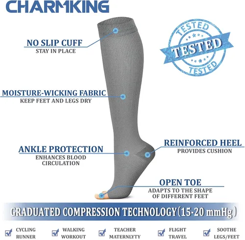 Vista 4 de CHARMKING 3 Pairs Open Toe Compression Socks for Women & Men Circulation 15-20 mmHg is Best Support for All Day Wear