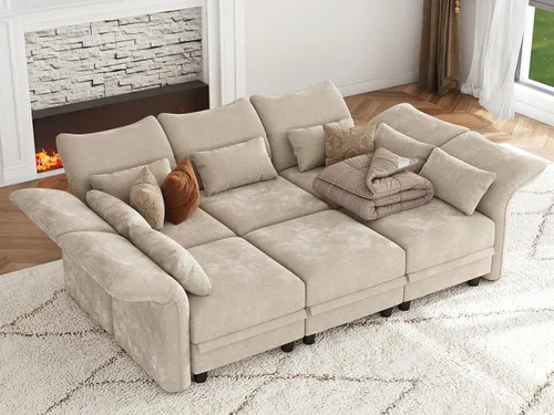 Vista 22 de LLappuil Sofá seccional beige con almacenamiento, sofás modulares de pana para sala de estar con apoyabrazos ajustables, cojines de felpa gruesos, 6