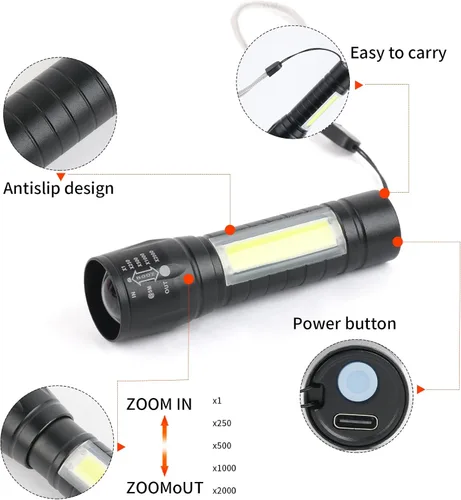 Vista 3 de Paquete de 5 Mini Pequeñas Linternas de Bolsillo LED USB-C Recargables de Altos Lúmenes Brillantes y Potentes EDC - Linterna de Mano de Aluminio al