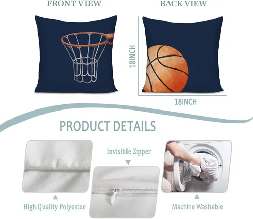 Vista 6 de Juego de 2 fundas de almohada de baloncesto, para deportes de baloncesto, decoración para niñas, niños, habitación, sofá, guardería, 18 x 18 pulgadas