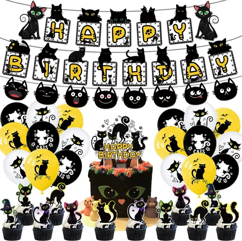 Vista 7 de Decoración de fiesta temática de gato, juego de suministros de fiesta de cumpleaños de gato negro, incluye fondos de gato negro de 5 x 3 pies