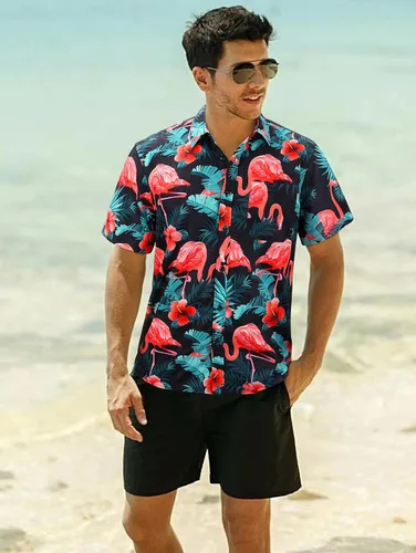 Vista 3 de Camisas hawaianas de manga corta para hombre, camisa Aloha casual con botones tropicales hawaianos florales de verano para fiesta en la playa