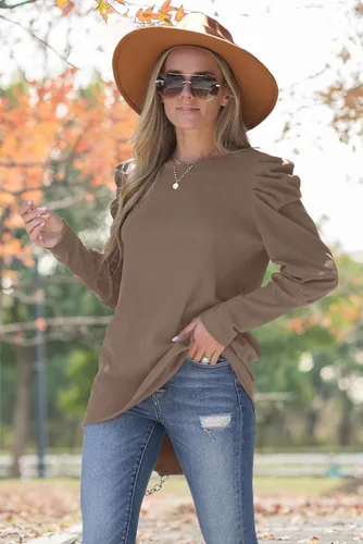Vista 2 de WIHOLL Sudaderas para mujer, cuello redondo, manga abombada, túnica de otoño para leggings