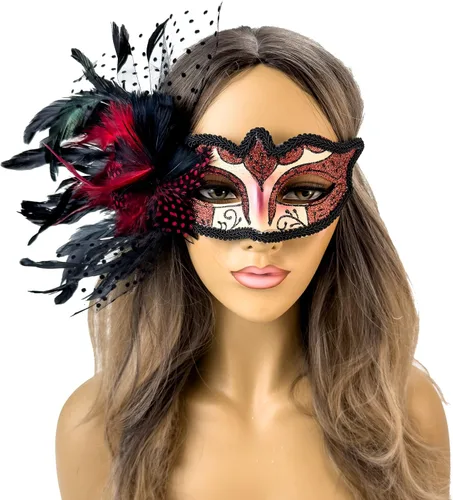 Vista 4 de Elegante máscara de plumas para mascarada, Mardi Gras, máscaras burlesque para mujer, disfraz de plumas, máscaras venecianas