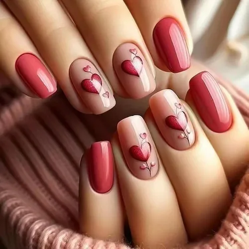 Vista 17 de Uñas postizas a presión para San Valentín, uñas postizas cortas cuadradas MABKJLF nude con diseños de labios, cobertura completa, pegamento