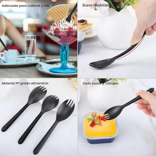 Vista 3 de EUSOAR Tenedores y cucharas desechables a granel, 50 piezas de plástico de 5.5 x 1.2 pulgadas, cucharas de tenedor de servicio de cubiertos
