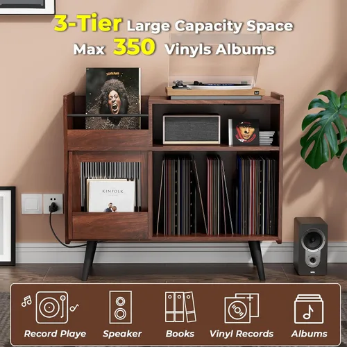 Vista 4 de Soporte grande para tocadiscos con puerta corredera, armario de almacenamiento de discos de vinilo 350, mesa de tocadiscos con toma de corriente