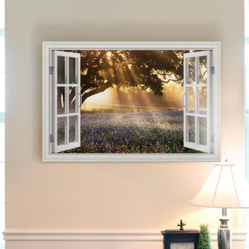 Vista 5 de Renditions Gallery Komorebi - Arte de pared con ventana, luz del sol que brilla a través de las hojas de los árboles, hermosa naturaleza, decoración