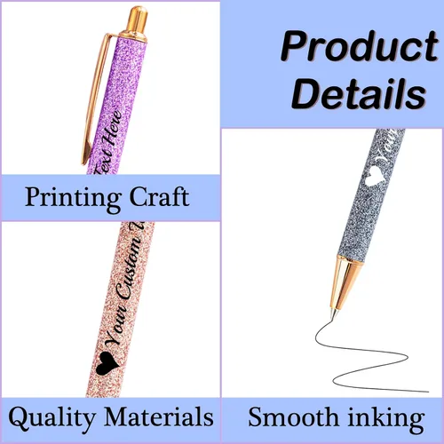 Vista 4 de Bolígrafos de purpurina personalizados con nombre impreso, bolígrafo personalizado con barril de metal, retráctil, bonito y elegante, regalos
