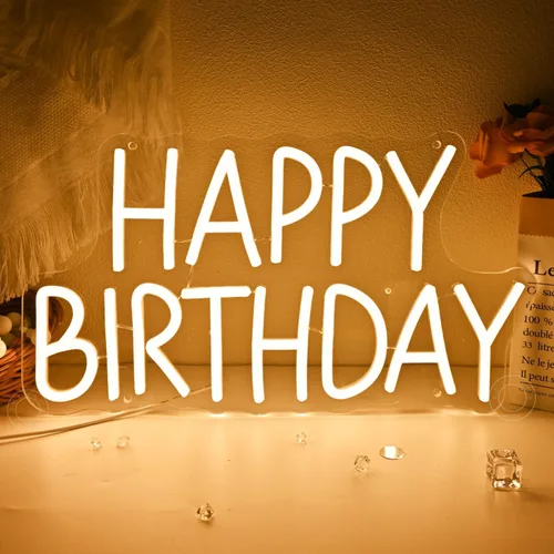 Vista 2 de SYLHOME Letrero de luz LED de neón con texto en inglés «Happy Birthday» para fiesta de cumpleaños, dormitorio, decoración de pared, pancarta, bar