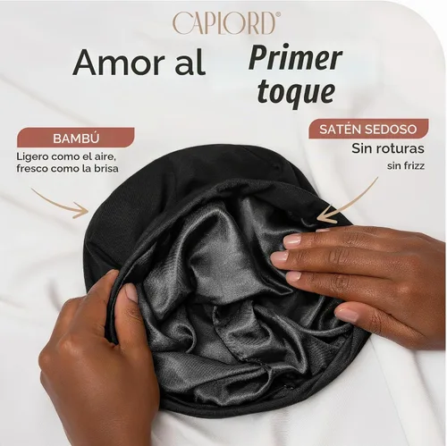 Vista 2 de Gorro de satén de seda para dormir - Gorro de dormir negro para mujeres y hombres