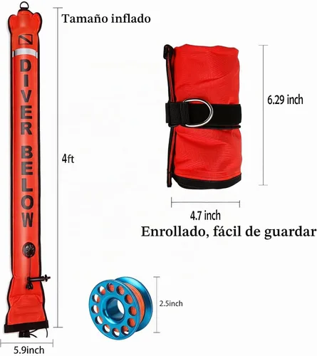 Vista 4 de DSMB Surface Marker Buoy with 100ft Finger Spool Reel Diver Below Signal Flag Tube Scuba Diving Equipment Open Bottom Set