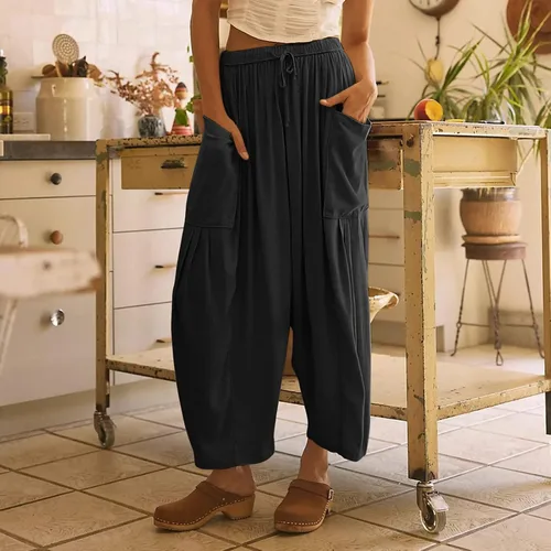 Vista 6 de Quinn - Pantalones de lino para mujer, talla grande, de pierna ancha, con bolsillos, holgados, hippie, harén, bohemios, para playa
