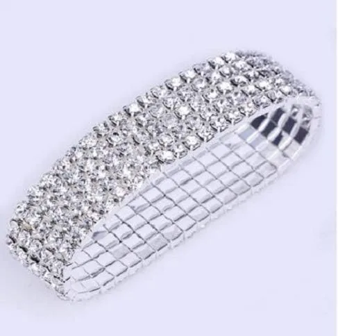 Vista 6 de Harlorki Pulsera elástica elástica de 5 filas con diamantes de imitación brillantes para niña, joyería de moda, Plástico, cristal
