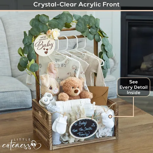 Vista 3 de Armario de madera para baby shower con parte delantera de acrílico transparente, caja de madera personalizable con sistema de doble varilla, cestas