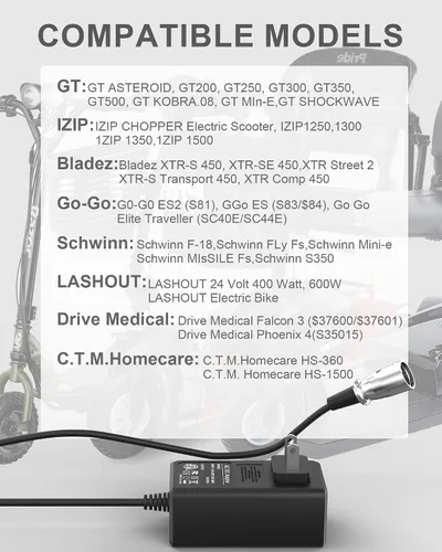 Vista 4 de VHBW Cargador de scooter de movilidad 24V 2A para movilidad del orgullo, viajero Go-Go Elite, silla eléctrica Jazzy, ShopRider, Drive Medical y más