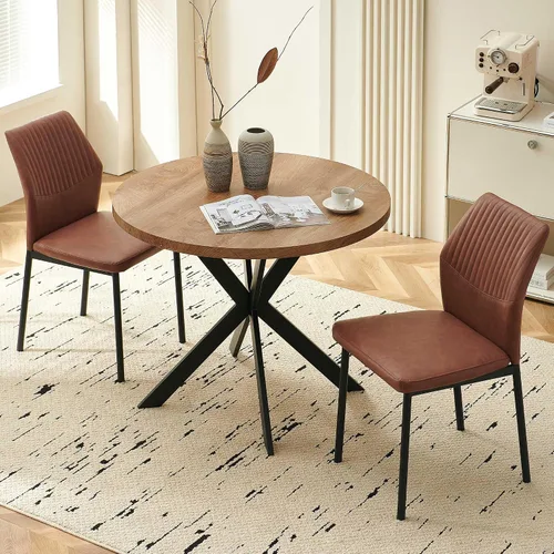 Vista 34 de Juego de mesa de comedor para 4, mesa de comedor rectangular irregular de madera moderna, sillas de comedor de cuero, 4 mesas y sillas, juego de 4