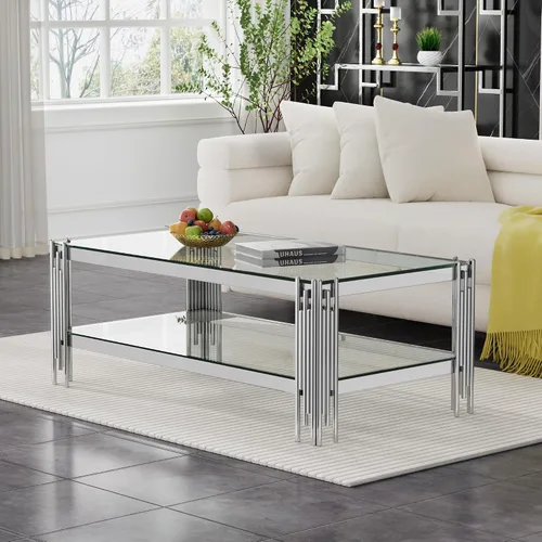 Vista 12 de SSLine Mesa de centro de cristal negro con marco de acero inoxidable dorado, mesa de centro rectangular de lujo de 2 niveles para sala de estar Café