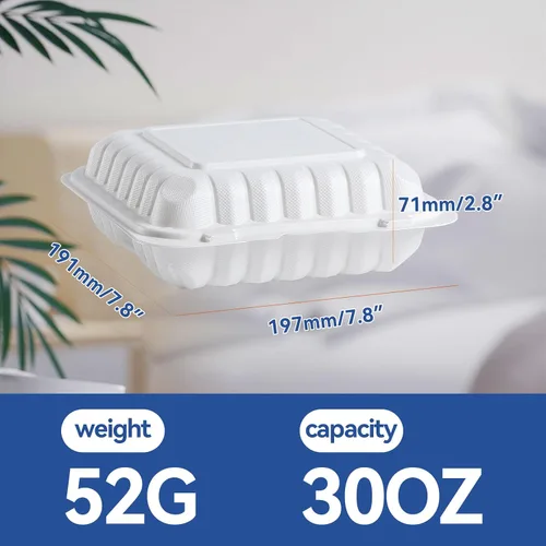 Vista 4 de Recipientes para alimentos de 7.8" 30 onzas, paquete de 65 unidades, plástico de polipropileno relleno mineral sin BPA, 3 compartimentos envoltorio