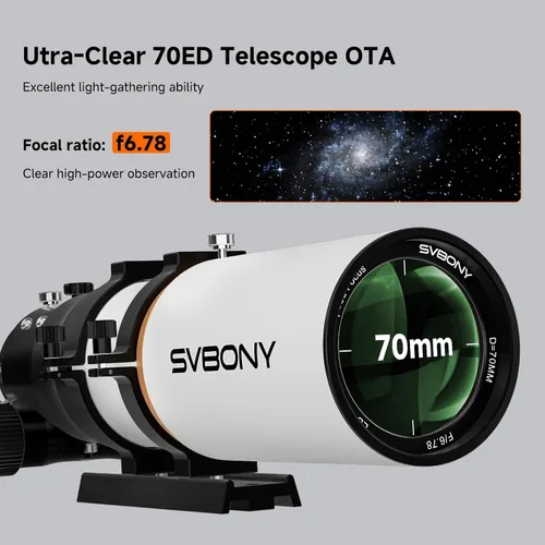 Vista 3 de SVBONY SV503 Telescopio Refractor con Corregidor de Campo Integrado, 70mm F6.78 Refractor OTA de Dispersión Extra Baja Acromática, Telescopio