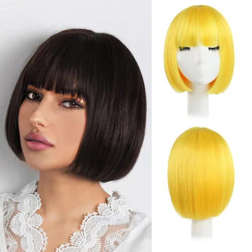 Vista 39 de Pelucas Bob con flequillo, peluca de cabello castaño rojizo de 10 Caoba