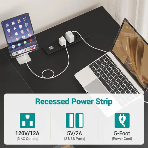 Vista 5 de Escritorio reversible en forma de L para computadora con tomas de corriente y puertos de carga USB, escritorio esquinero resistente con estante