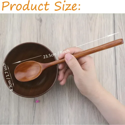 Vista 5 de Cucharas de madera coreanas de 9 pulgadas para comer, 6 cucharas pequeñas Marrón