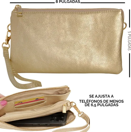 Vista 6 de Humble Chic bolsa pequeña de piel vegana, para usar cruzada o cartera con ajuste de pulsera, incluye hombro ajustable y correa para muñeca. Oro