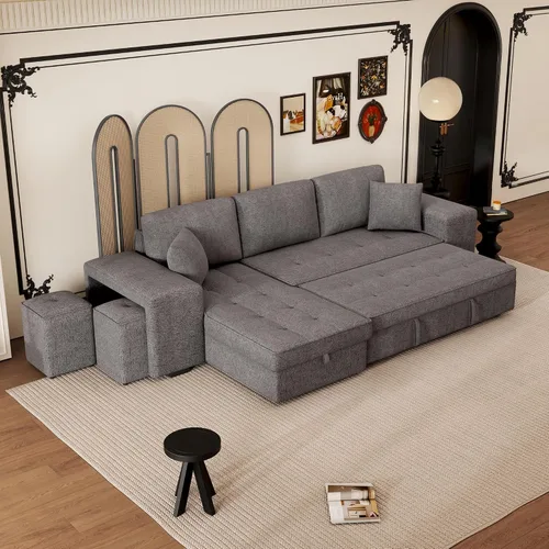 Vista 10 de P PURLOVE Sofá modular con sofá cama extraíble, sofá cama de felpilla en forma de L de 3 plazas con ruedas, diván de almacenamiento y 2 taburetes